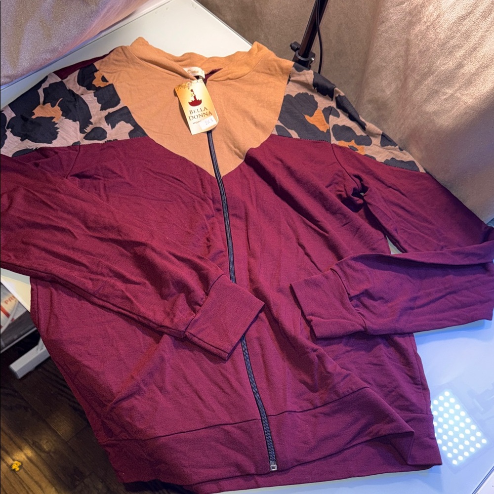 Bella D. Maroon and Tan Animal Print Jacket